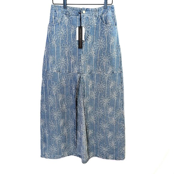NWT House of Harlow 1960 | Floral Embroidered Denim Maxi Skirt Blue | Size 6 - Picture 4 of 13